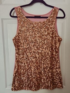 Sequin Tank Top in Rose Gold with Pink Trim